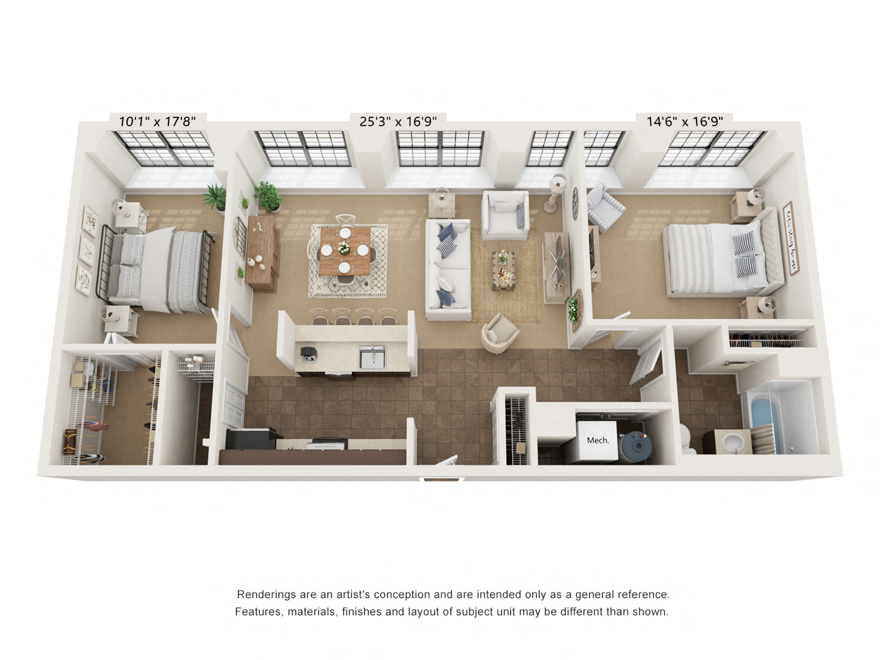 Floor plan for 2 beds, 1 bath, 1075 sqft